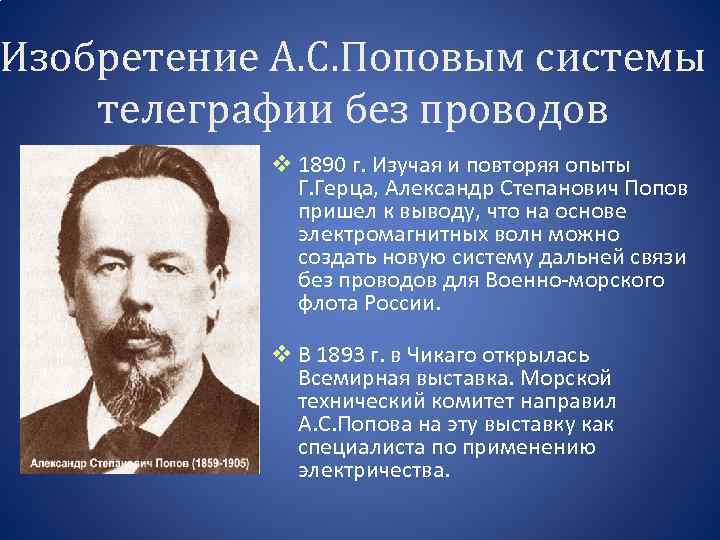 Изобретение А. С. Поповым системы телеграфии без проводов v 1890 г. Изучая и повторяя