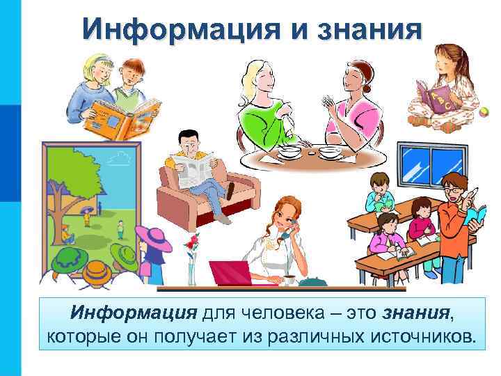 Информация и знания Информация для человека – это знания, которые он получает из различных