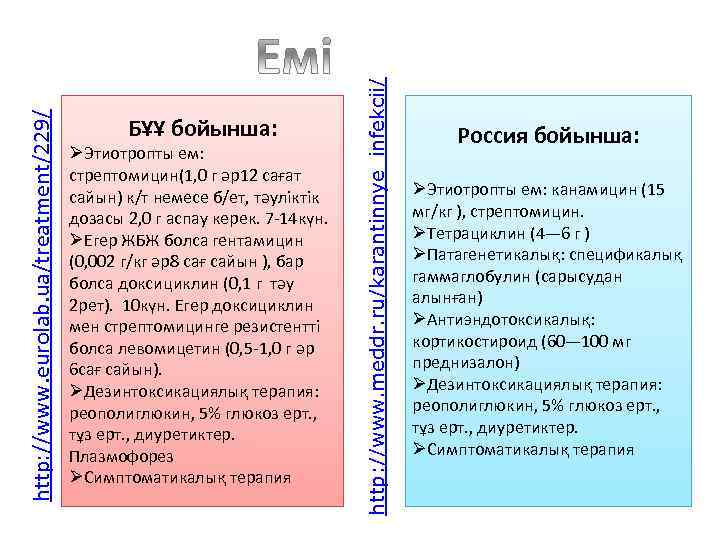 ØЭтиотропты ем: стрептомицин(1, 0 г әр12 сағат сайын) к/т немесе б/ет, тәуліктік дозасы 2,