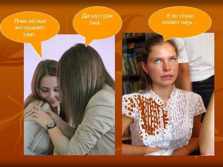 Лови её, она же прыгает там!. . Да шустрая она… А по стене ползет