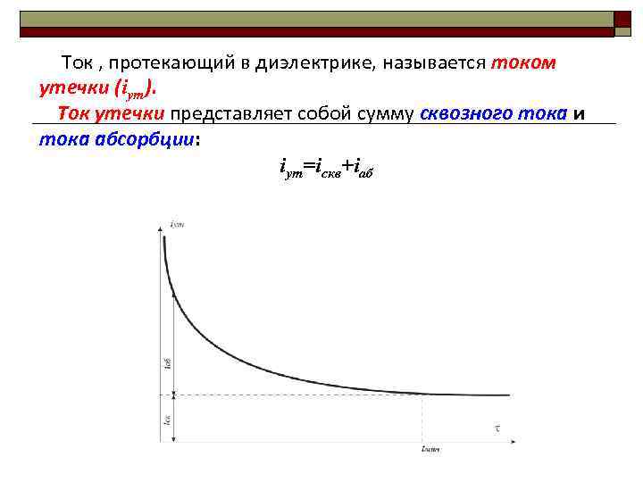 Ток , протекающий в диэлектрике, называется током утечки (iут). Ток утечки представляет собой сумму