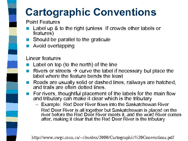 Cartographic Conventions Point Features n Label up & to the right (unless If crowds