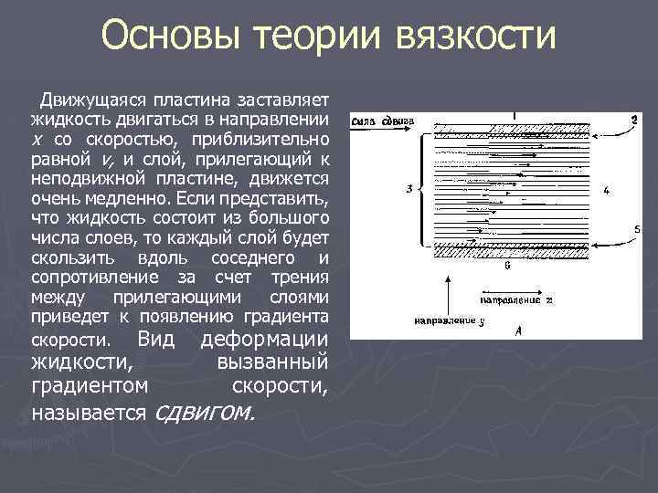 Основы теории вязкости Движущаяся пластина заставляет жидкость двигаться в направлении х со скоростью, приблизительно