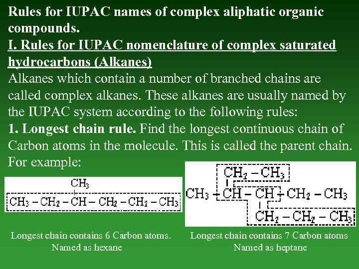 Rules for IUPAC names of complex aliphatic organic compounds. I. Rules for IUPAC nomenclature