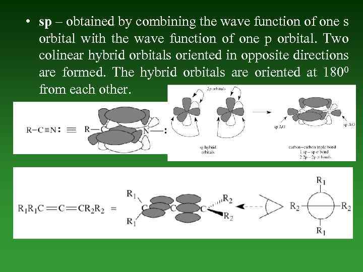  • sp – obtained by combining the wave function of one s orbital