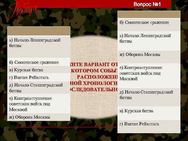 Вопрос № 1 б) Смоленское сражение а) Начало Ленинградской битвы ж) Оборона Москвы б)