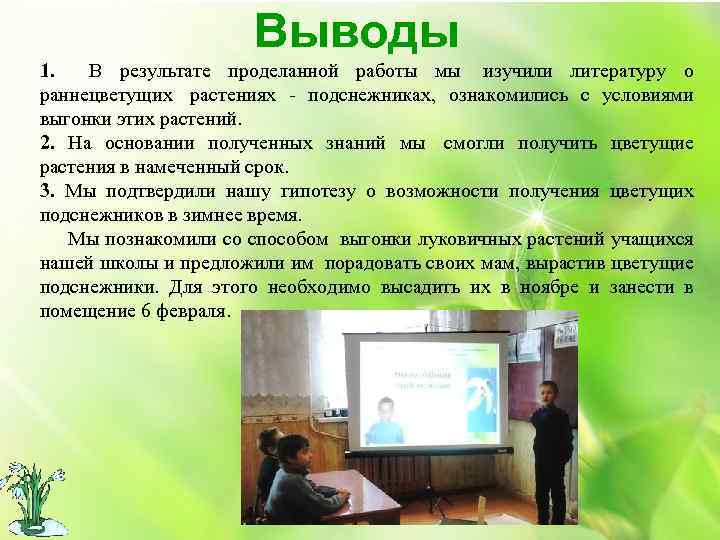 Выводы 1. В результате проделанной работы мы изучили литературу о раннецветущих растениях - подснежниках,
