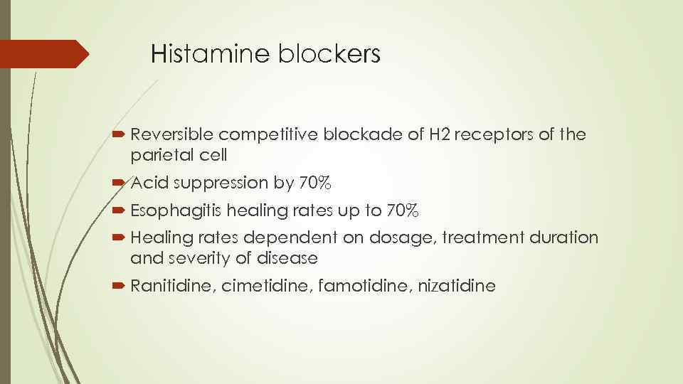 Histamine blockers Reversible competitive blockade of H 2 receptors of the parietal cell Acid