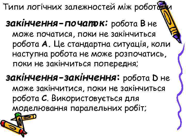 Типи логічних залежностей між роботами закінчення-початок: робота В не може початися, поки не закінчиться