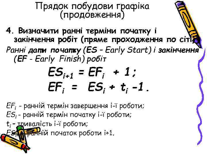 Прядок побудови графіка (продовження) 4. Визначити ранні терміни початку і закінчення робіт (пряме проходження