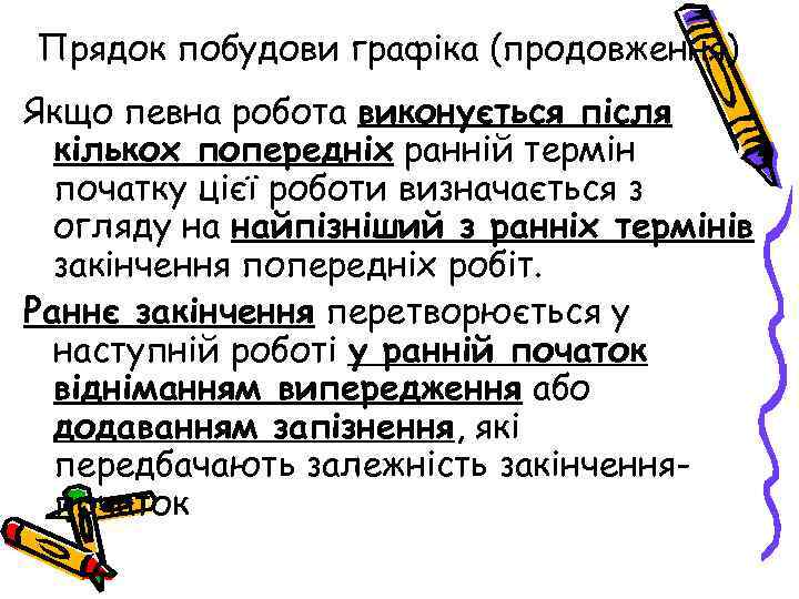 Прядок побудови графіка (продовження) Якщо певна робота виконується після кількох попередніх ранній термін початку