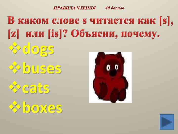 ПРАВИЛА ЧТЕНИЯ 40 баллов В каком слове s читается как [s], [z] или [is]?