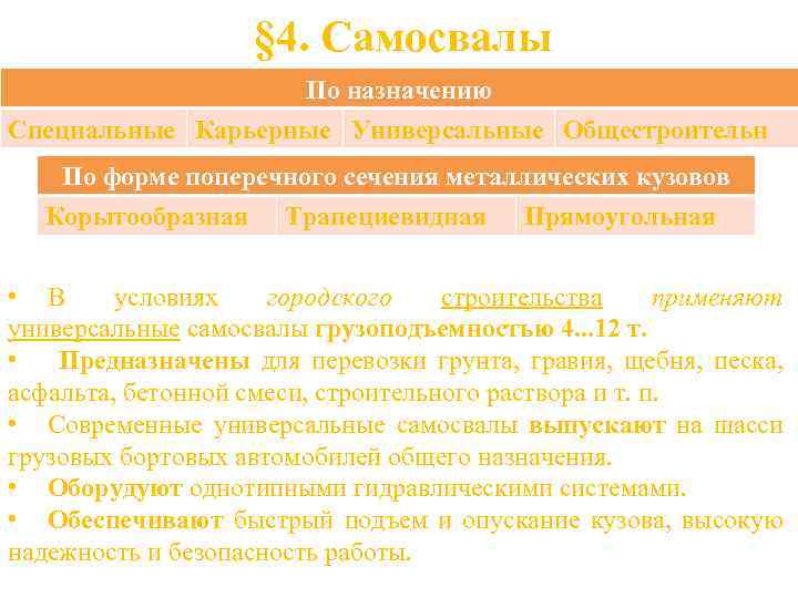 § 4. Самосвалы По назначению Специальные Карьерные Универсальные Общестроительн По форме поперечного сечения металлических
