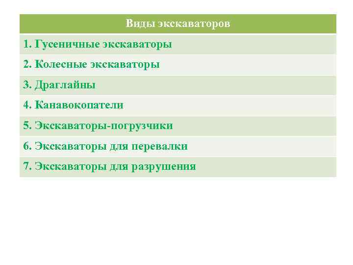 Виды экскаваторов 1. Гусеничные экскаваторы 2. Колесные экскаваторы 3. Драглайны 4. Канавокопатели 5. Экскаваторы-погрузчики
