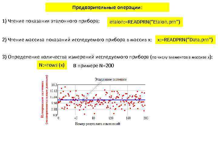 Предварительные операции: 1) Чтение показания эталонного прибора: etalon: =READPRN(“Etalon. prn”) 2) Чтение массива показаний