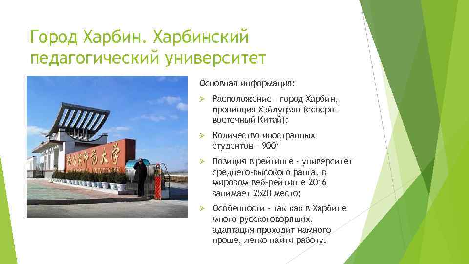 Город Харбинский педагогический университет Основная информация: Ø Расположение – город Харбин, провинция Хэйлуцзян (северовосточный