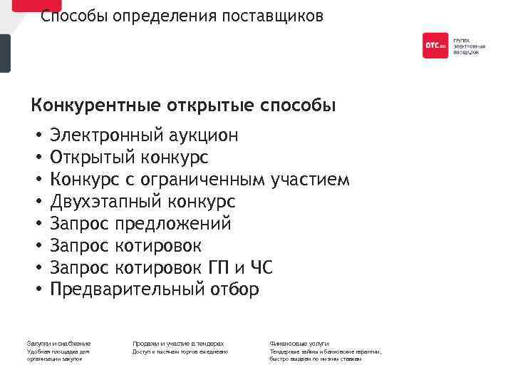 Способы определения поставщиков Конкурентные открытые способы • • Электронный аукцион Открытый конкурс Конкурс с