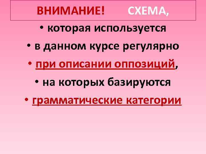 ВНИМАНИЕ! СХЕМА, • которая используется • в данном курсе регулярно • при описании оппозиций,