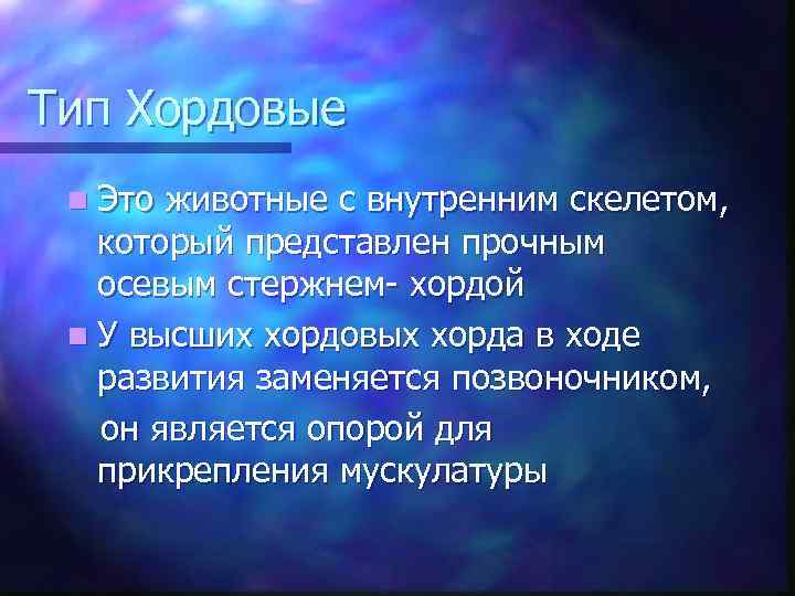 Тип Хордовые n Это животные с внутренним скелетом, который представлен прочным осевым стержнем- хордой