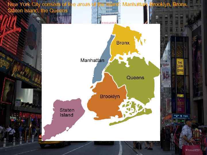 New York City consists of five areas of the island: Manhattan, Brooklyn, Bronx, Staten