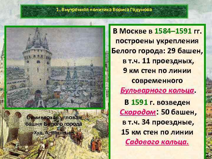 Политика годунова кратко. Васнецов Семиверхая башня белого города в Москве. Правление Бориса Годунова таблица. Политика Бориса Годунова таблица. Внутренняя политика Бориса Годунова.