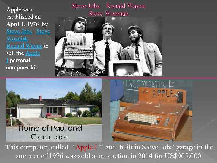 Apple was established on April 1, 1976 by Steve Jobs, Steve Wozniak Ronald Wayne