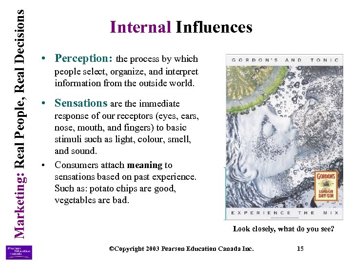 Marketing: Real People, Real Decisions Internal Influences • Perception: the process by which people