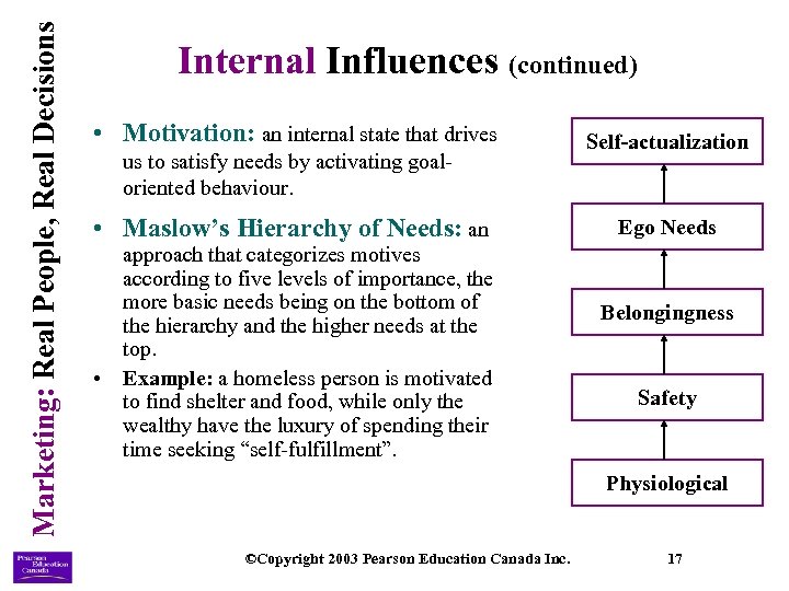 Marketing: Real People, Real Decisions Internal Influences (continued) • Motivation: an internal state that