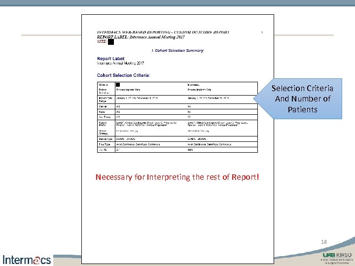Selection Criteria And Number of Patients Necessary for Interpreting the rest of Report! 18