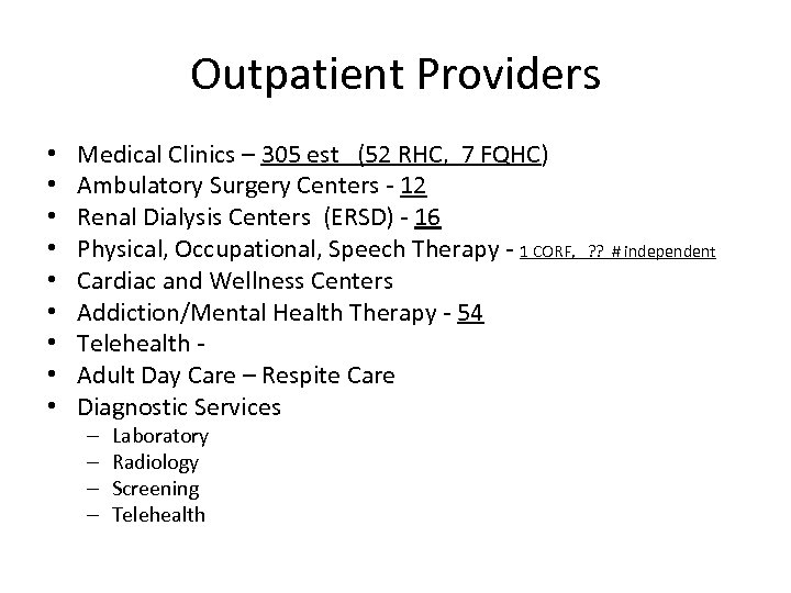 Outpatient Providers • • • Medical Clinics – 305 est (52 RHC, 7 FQHC)
