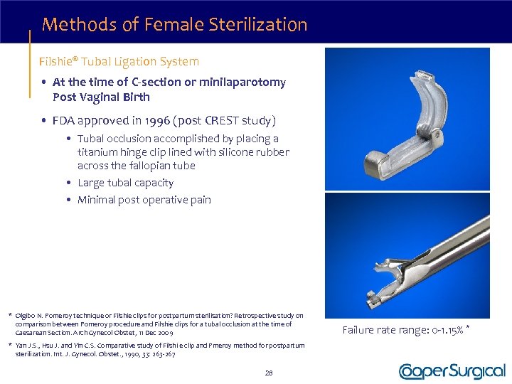 Methods of Female Sterilization Filshie® Tubal Ligation System • At the time of C-section