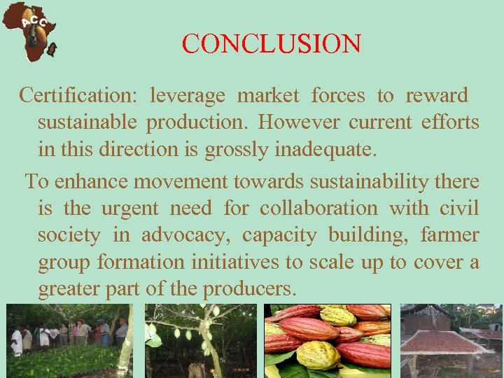 CONCLUSION Certification: leverage market forces to reward sustainable production. However current efforts in this