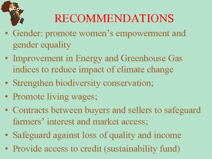 RECOMMENDATIONS • Gender: promote women’s empowerment and gender equality • Improvement in Energy and