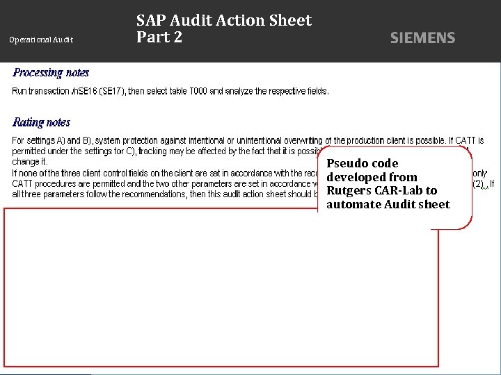 Operational Audit SAP Audit Action Sheet Part 2 Pseudo code developed from Rutgers CAR-Lab