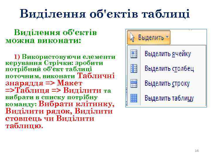 Виділення об'єктів таблиці Виділення об'єктів можна виконати: 1) Використовуючи елементи керування Стрічки: зробити потрібний