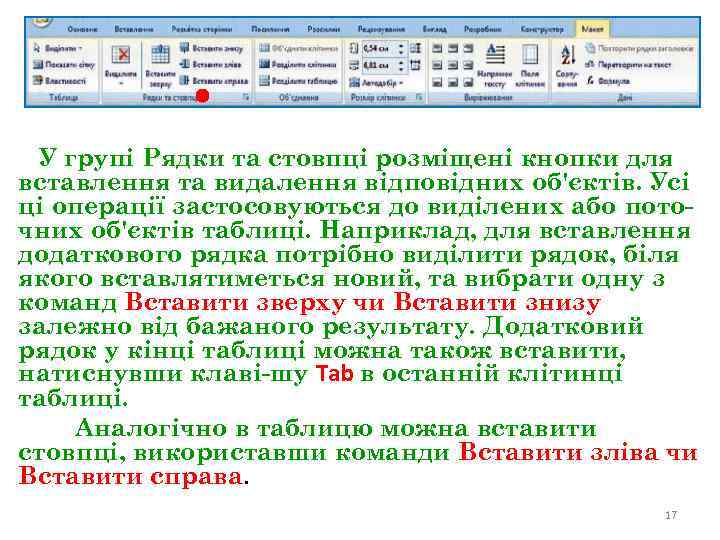 У групі Рядки та стовпці розміщені кнопки для вставлення та видалення відповідних об'єктів. Усі