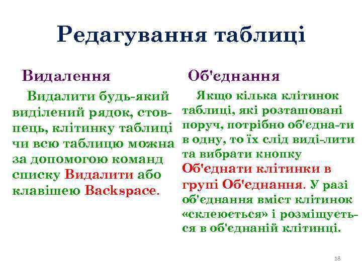 Редагування таблиці Видалення Видалити будь-який виділений рядок, стовпець, клітинку таблиці чи всю таблицю можна