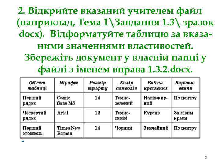 2. Відкрийте вказаний учителем файл (наприклад, Тема 1Завдання 1. 3 зразок dосх). Відформатуйте таблицю