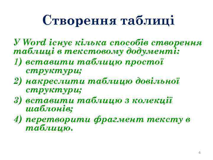 Створення таблиці У Word існує кілька способів створення таблиці в текстовому додументі: 1) вставити