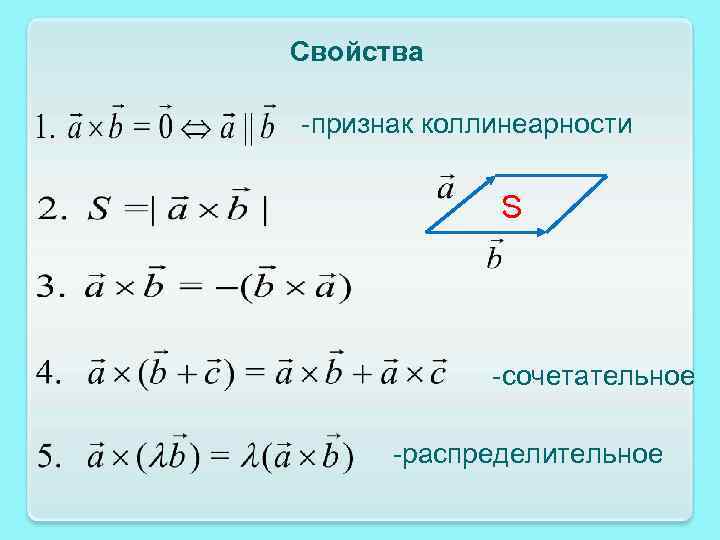 Свойства -признак коллинеарности S -сочетательное -распределительное 