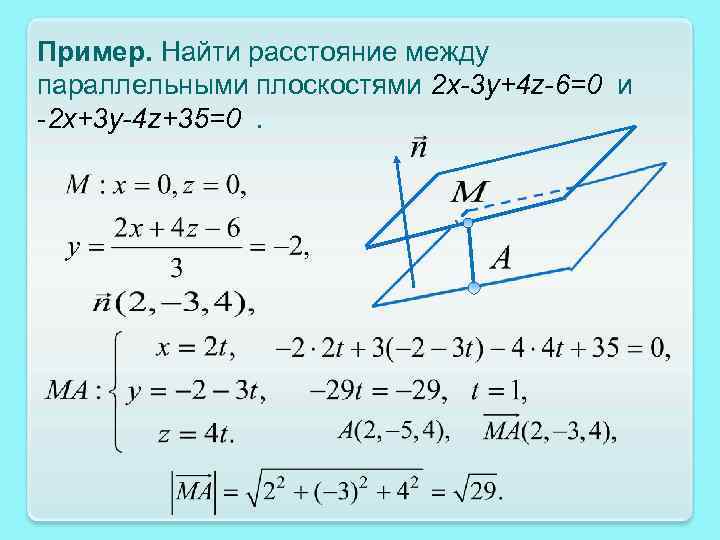 Пример. Найти расстояние между параллельными плоскостями 2 x-3 y+4 z-6=0 и -2 x+3 y-4