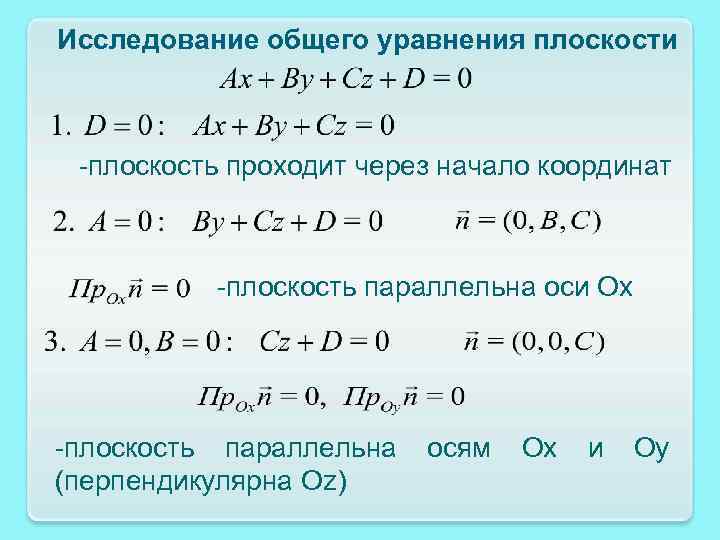 Исследование общего уравнения плоскости -плоскость проходит через начало координат -плоскость параллельна оси Ох -плоскость