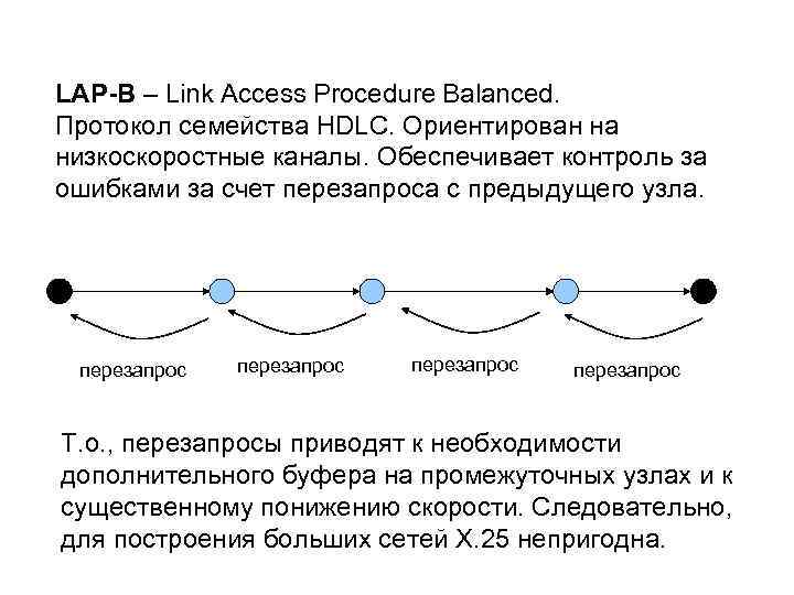 LAP-B – Link Access Procedure Balanced. Протокол семейства HDLC. Ориентирован на низкоскоростные каналы. Обеспечивает