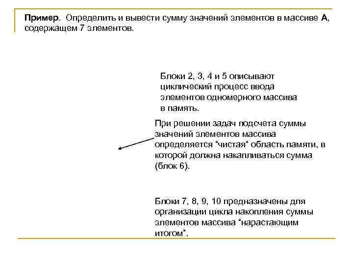 Пример. Определить и вывести сумму значений элементов в массиве A, содержащем 7 элементов. Блоки