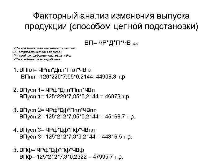 Факторный анализ изменения выпуска продукции (способом цепной подстановки) ВП= ЧР*Д*П*ЧВ, где ЧР – среднегодовая