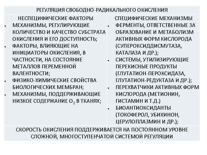 Процессы свободнорадикального окисления. Регуляции свободно-радикального окисления. Регуляция свободнорадикального окисления.. Механизм свободнорадикального окисления.