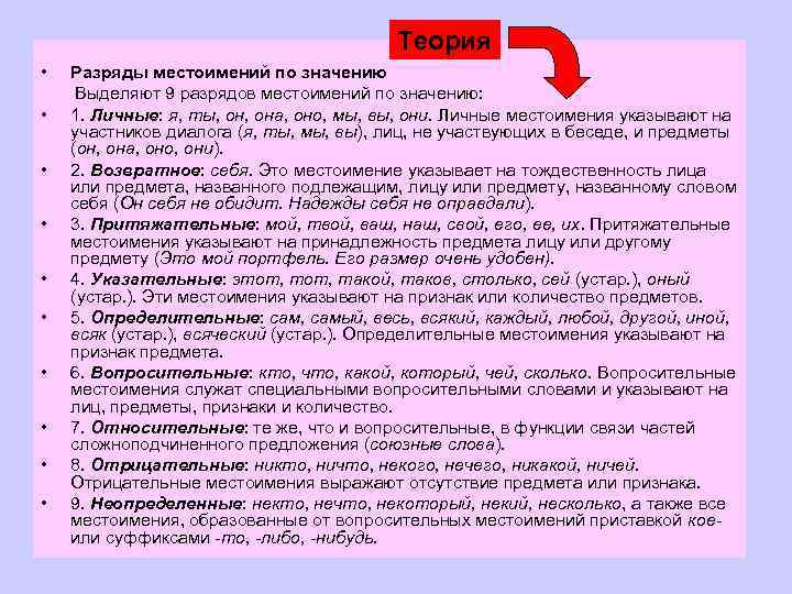 Теория • Разряды местоимений по значению Выделяют 9 разрядов местоимений по значению: • 1.