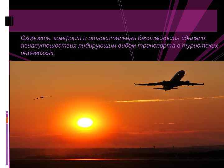 Скорость, комфорт и относительная безопасность сделали авиапутешествия лидирующим видом транспорта в туристских перевозках. 