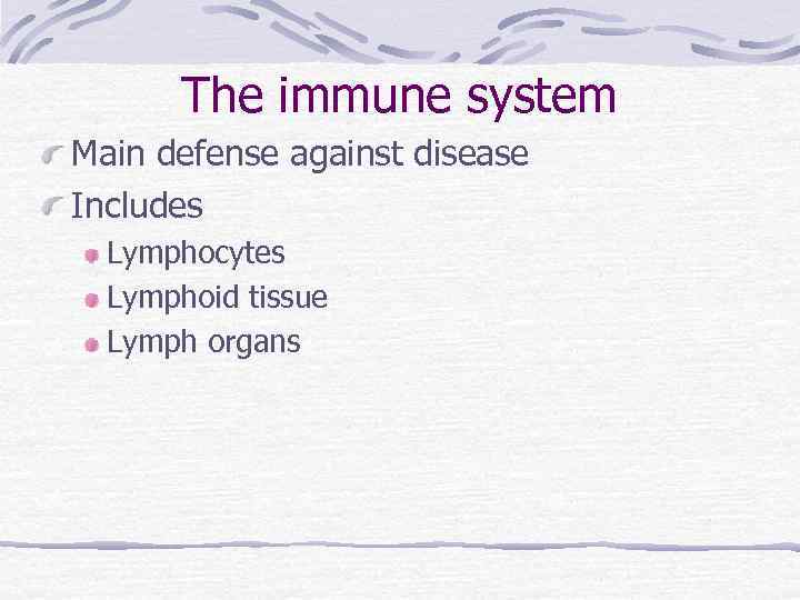 The immune system Main defense against disease Includes Lymphocytes Lymphoid tissue Lymph organs 