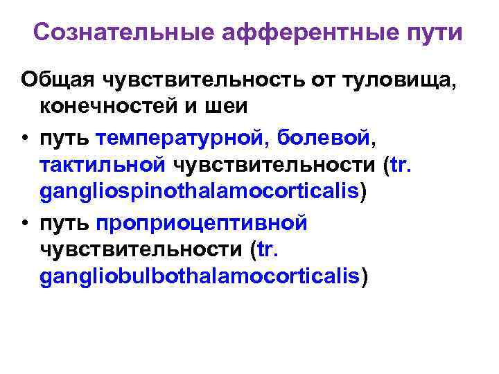 Сознательные афферентные пути Общая чувствительность от туловища, конечностей и шеи • путь температурной, болевой,